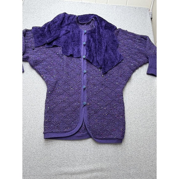 Vintage Purple‎ Tweed Knit Sweater Womens Large Beaded Dolman Cardigan Cape 80s - Picture 9 of 16